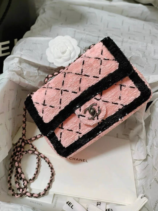 Chanel 24P Small Flap Bag Sequins & Black Metal, Pink & Black