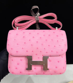 Hermes Constance 18 pink bubble gum ostrich palladium harwdare