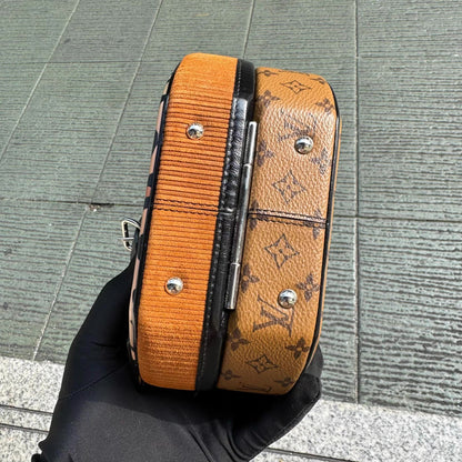 Louis Vuitton 2018 Brown Reverse Monogram Canvas, Corduroy, and Leopard Petit Boite Chapeau Souple Bag Silver Hardware