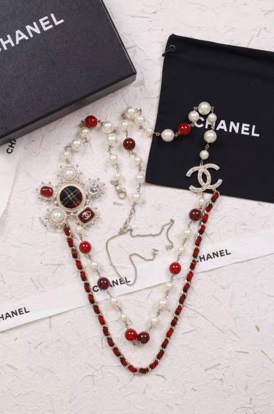 Chanel 2013 Edinburgh Collection Runway Style Red Glass Pearl and Tweed Long Necklace