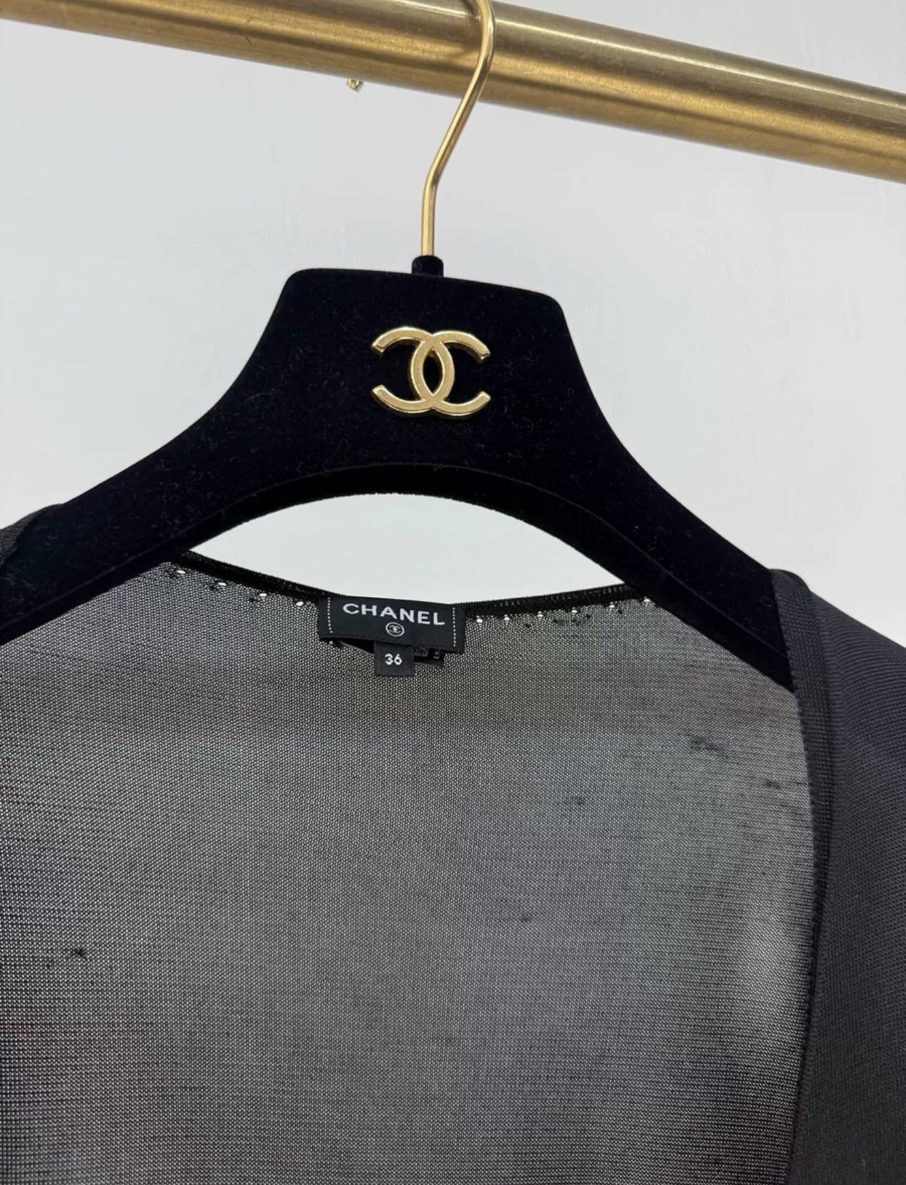 Chanel 23S black bow rhinestone top