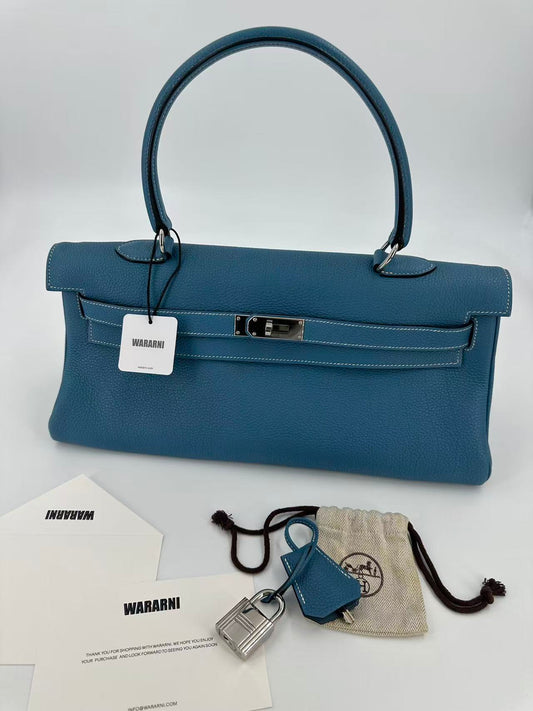 Hermes Kelly shoulder blue denim Togo leather palladium hardware