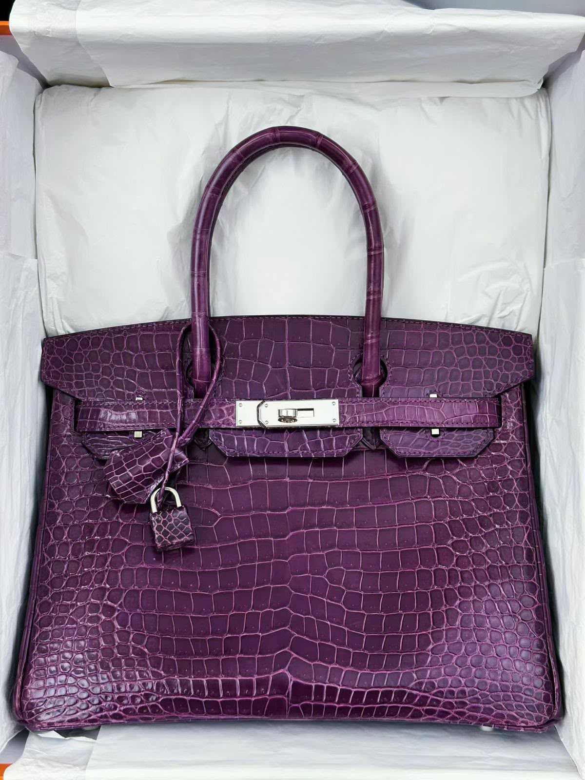 Hermes Birkin 30 Amethyst Shiny Porosus crocodile leather palladium hardware