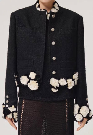 Chanel 26S Black & White tweed jacket with camellia braid