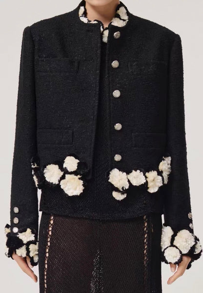 Chanel 26S Black & White tweed jacket with camellia braid