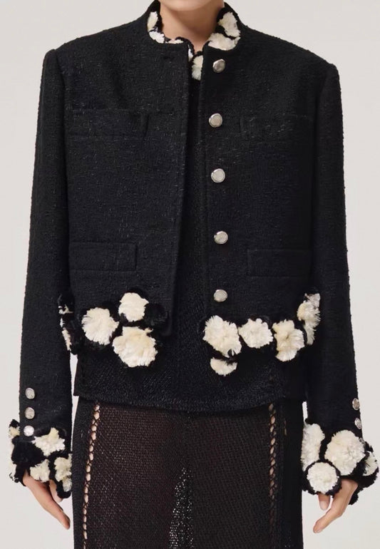 Chanel 26S Black & White tweed jacket with camellia braid