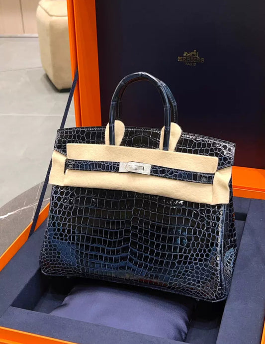 Hermes Birkin 25 Dark Blue Crocodile Leather with white Gold & Dimaonds Hardware