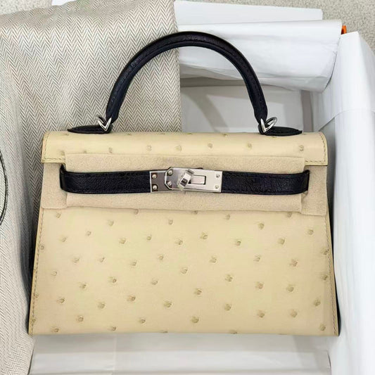 Hermès Mini Kelly 20 HSS Parchemin x black ostrich palladium hardware