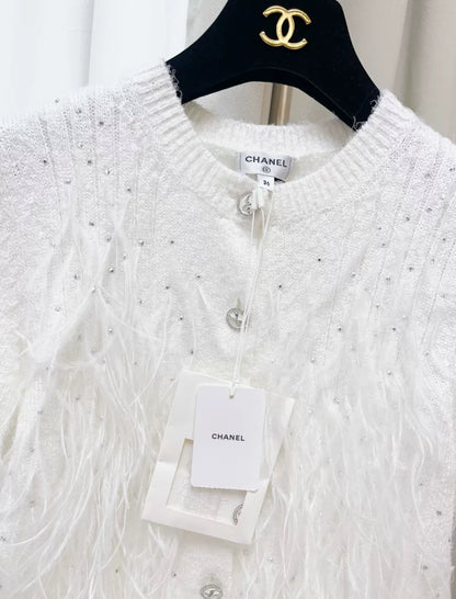 Chanel 25S white feather cardigan