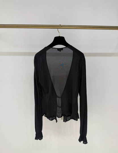 Chanel 23S black bow rhinestone top