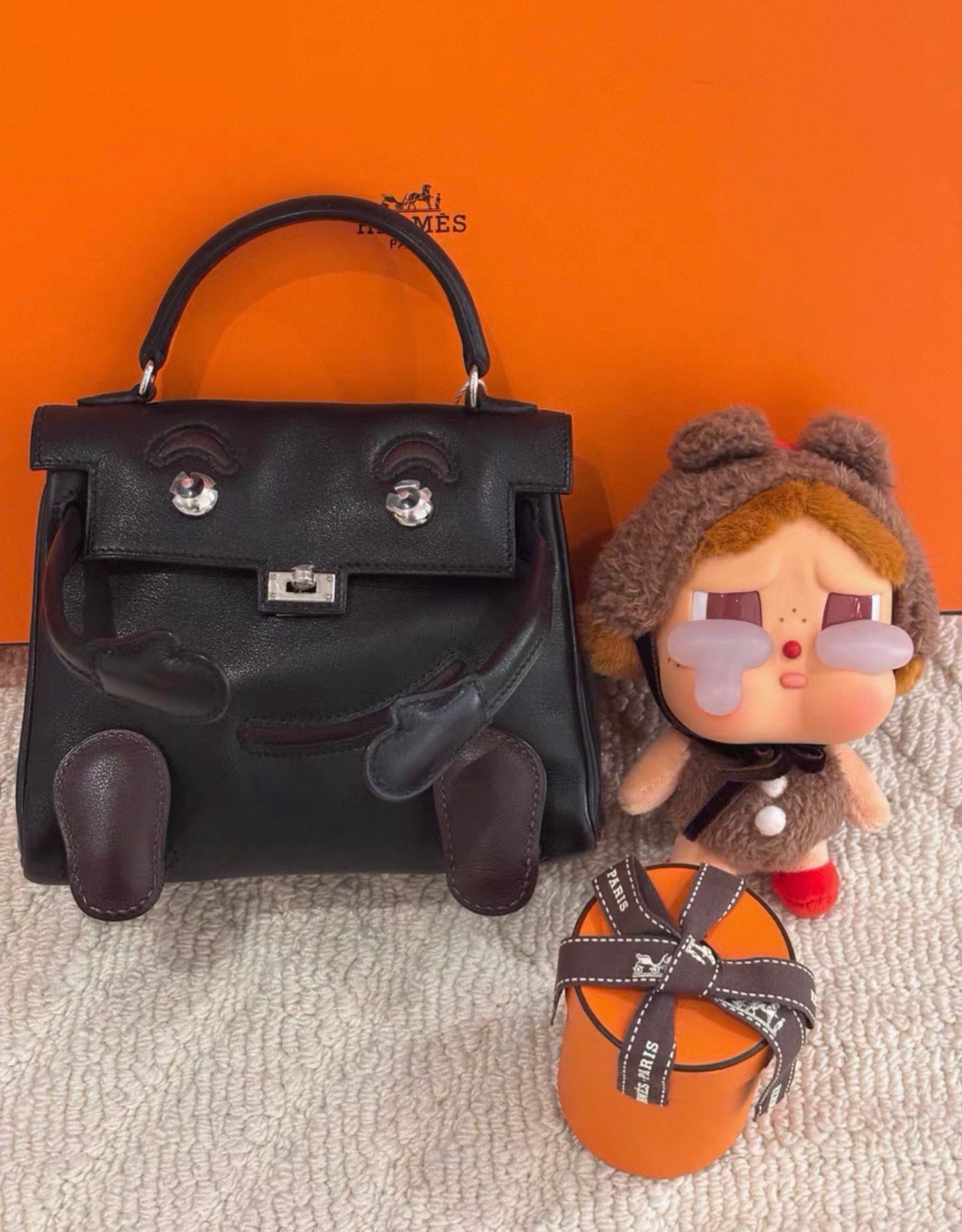 Hermes Kelly doll black & brown swift leather palladium hardware