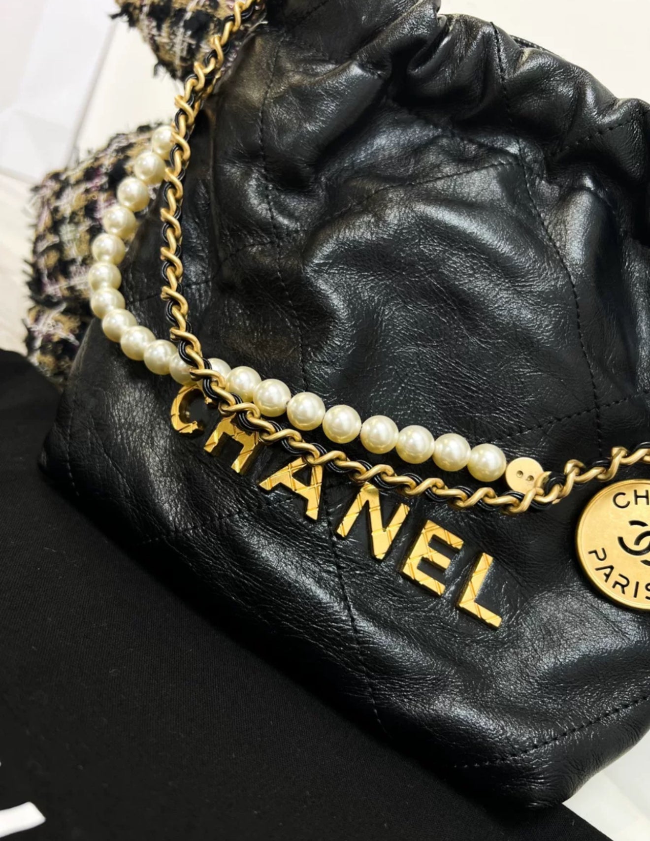Chanel Black Quilted Calfskin Imitation Pearl Strap Mini 22 Hobo