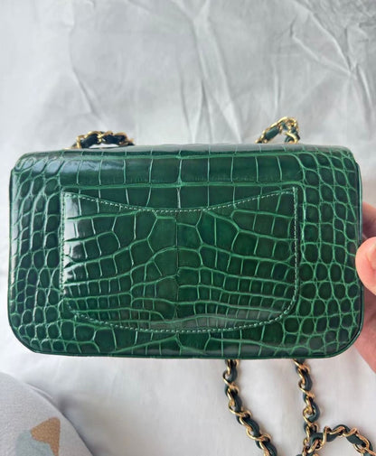 Chanel green alligator leather gold hardware mini flap bag