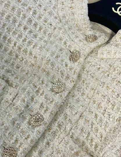 Chanel 22A White écru Sequinned Long Coat 42FR