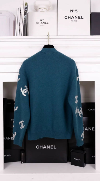 Chanel 22A Green Silver cc Cashmere Cardigan
