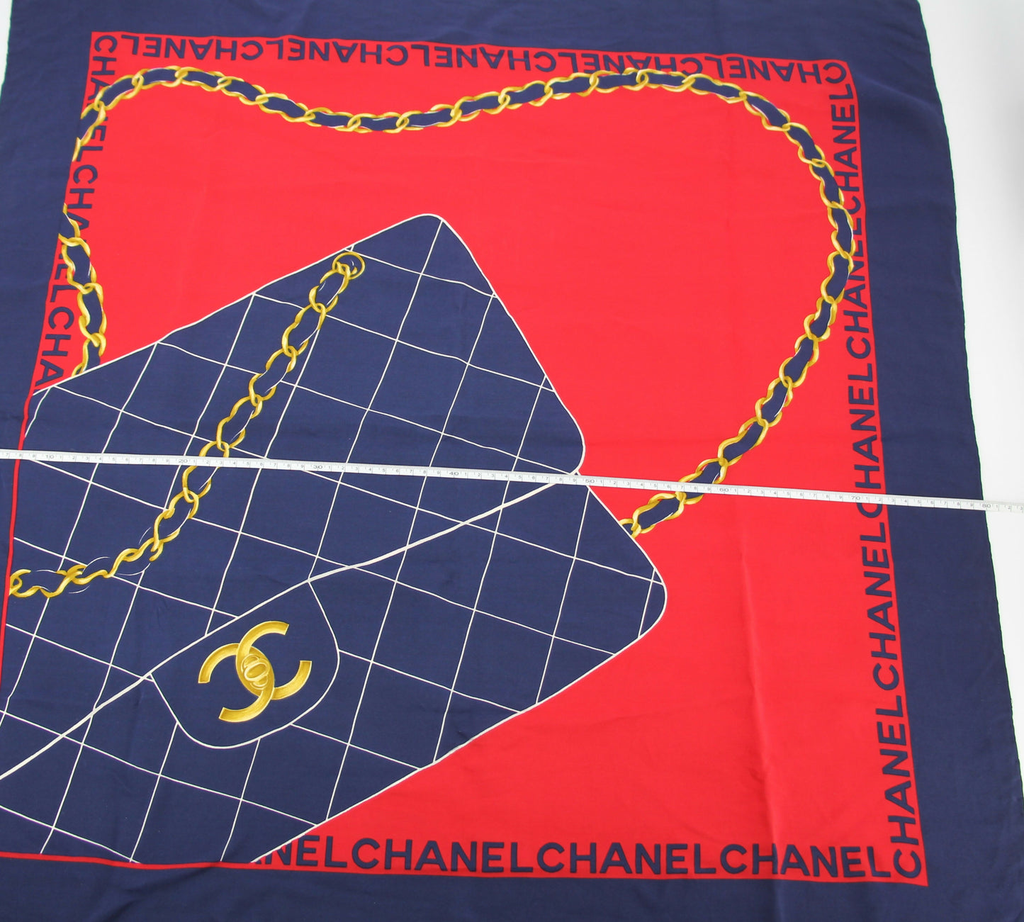 Chanel 100% Silk Navy Red Bag Pattern Scarf