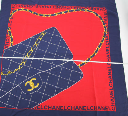 Chanel 100% Silk Navy Red Bag Pattern Scarf