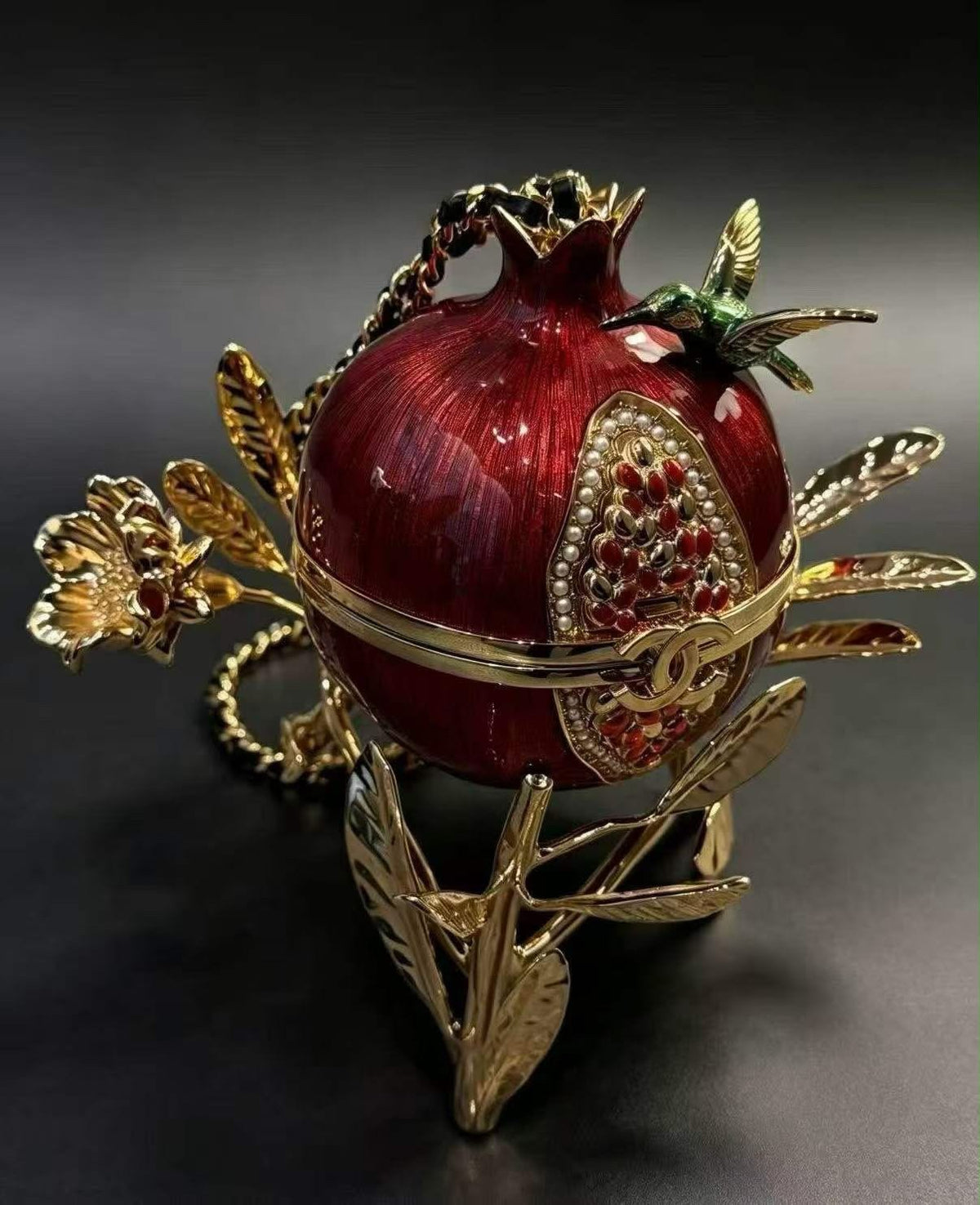 Chanel 26K Pomegranate Minaudière Red Enamel & Imitation Pearls with Gold-Tone Hardware