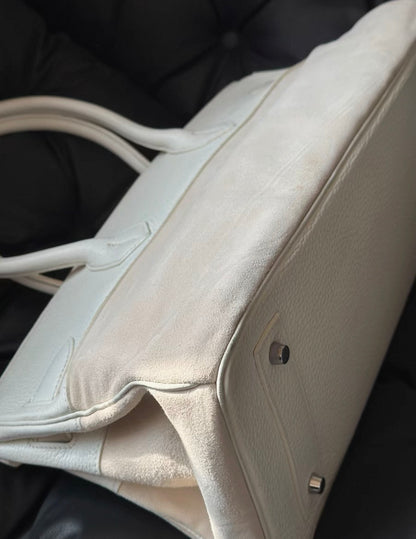 Hermes Birkin Shoulder 42 Cream White leather & Doblis suede with palladium hardware
