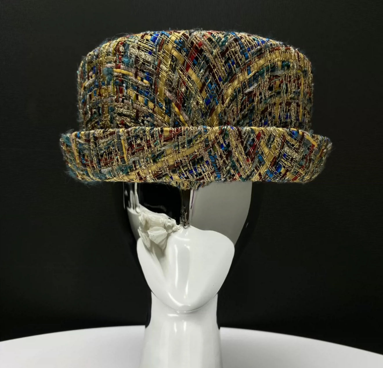 Chanel 19A Gold, Blue 
Gray Tweed Boater Hat
