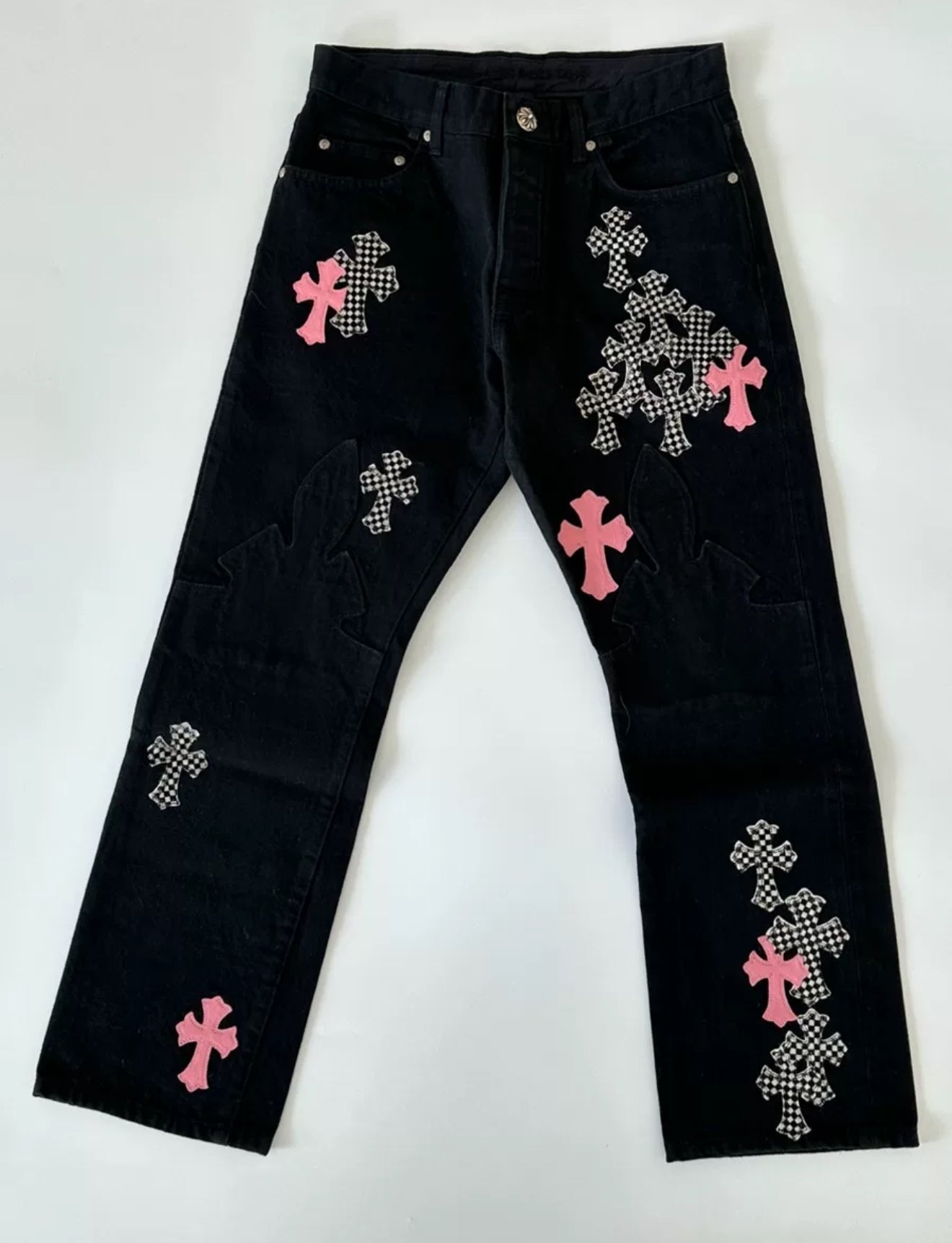 Chrome Hearts Black Pink & Checkered Cross Patch Fleur Jeans