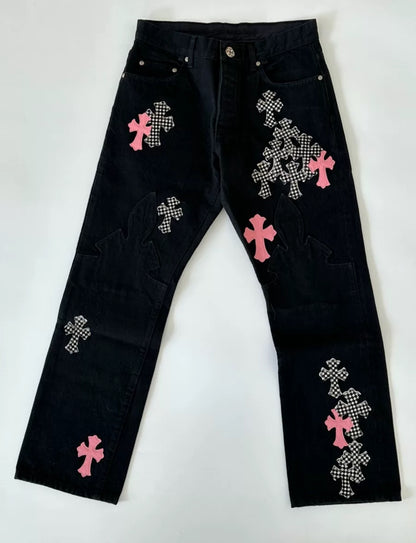 Chrome Hearts Black Pink & Checkered Cross Patch Fleur Jeans
