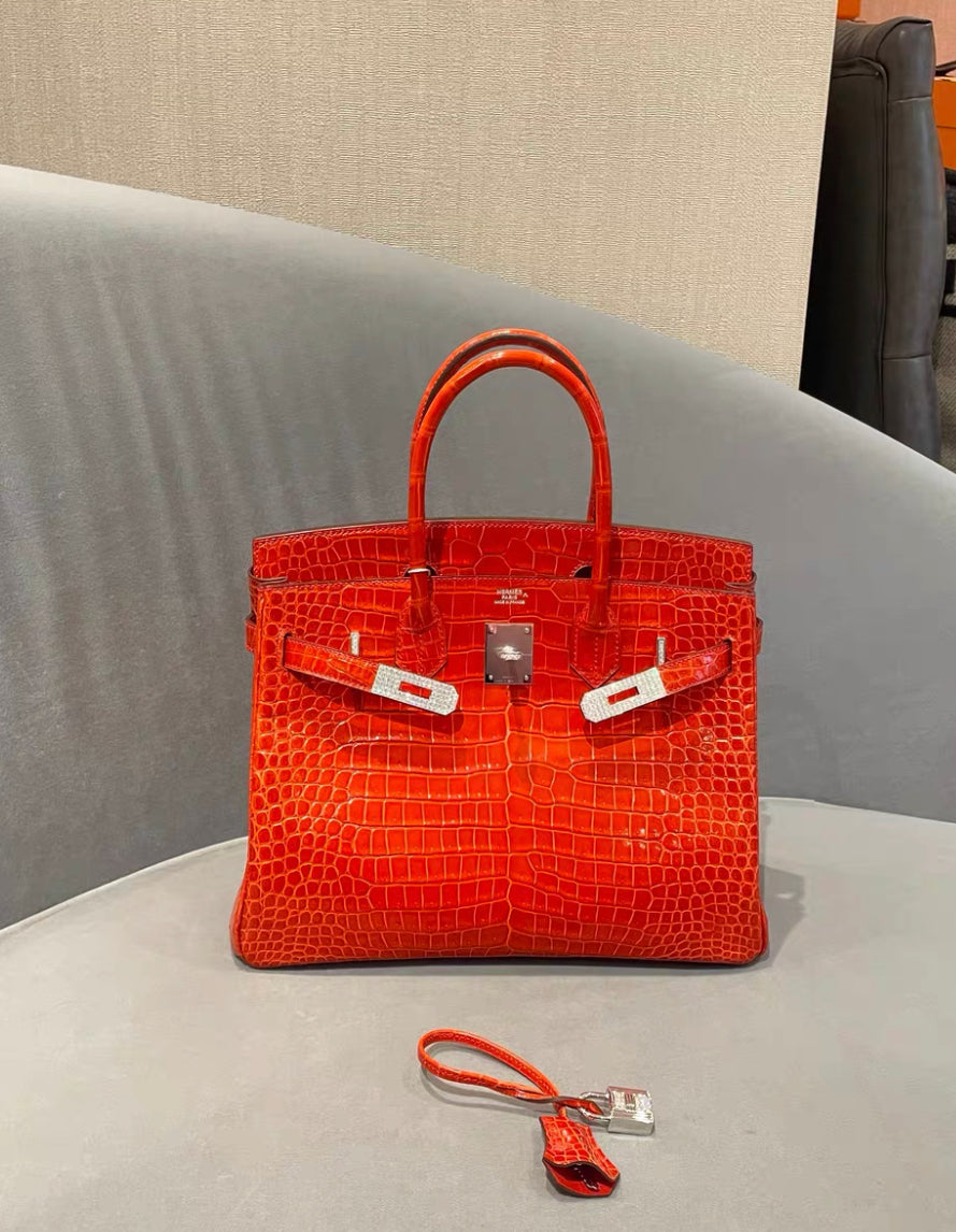 Hermès Birkin 30 Rouge Braise Shiny Porosus Crocodile 18K White Gold and Diamond Hardware