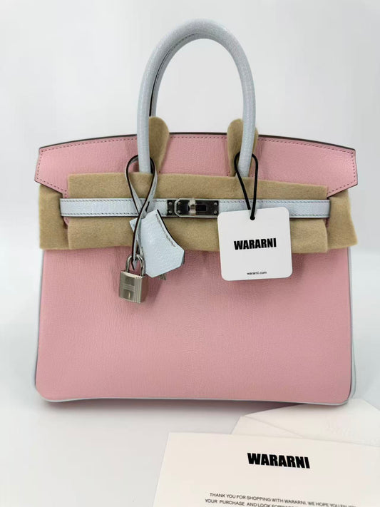 Hermès Birkin 25 3Q rose sakura pink & T0 Blue Brume Goatskin leather Brushed Palladium Hardware