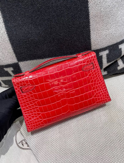 HERMÈS KELLY POCHETTE RED SHINY ALLIGATOR PALLADIUM HARDWARE