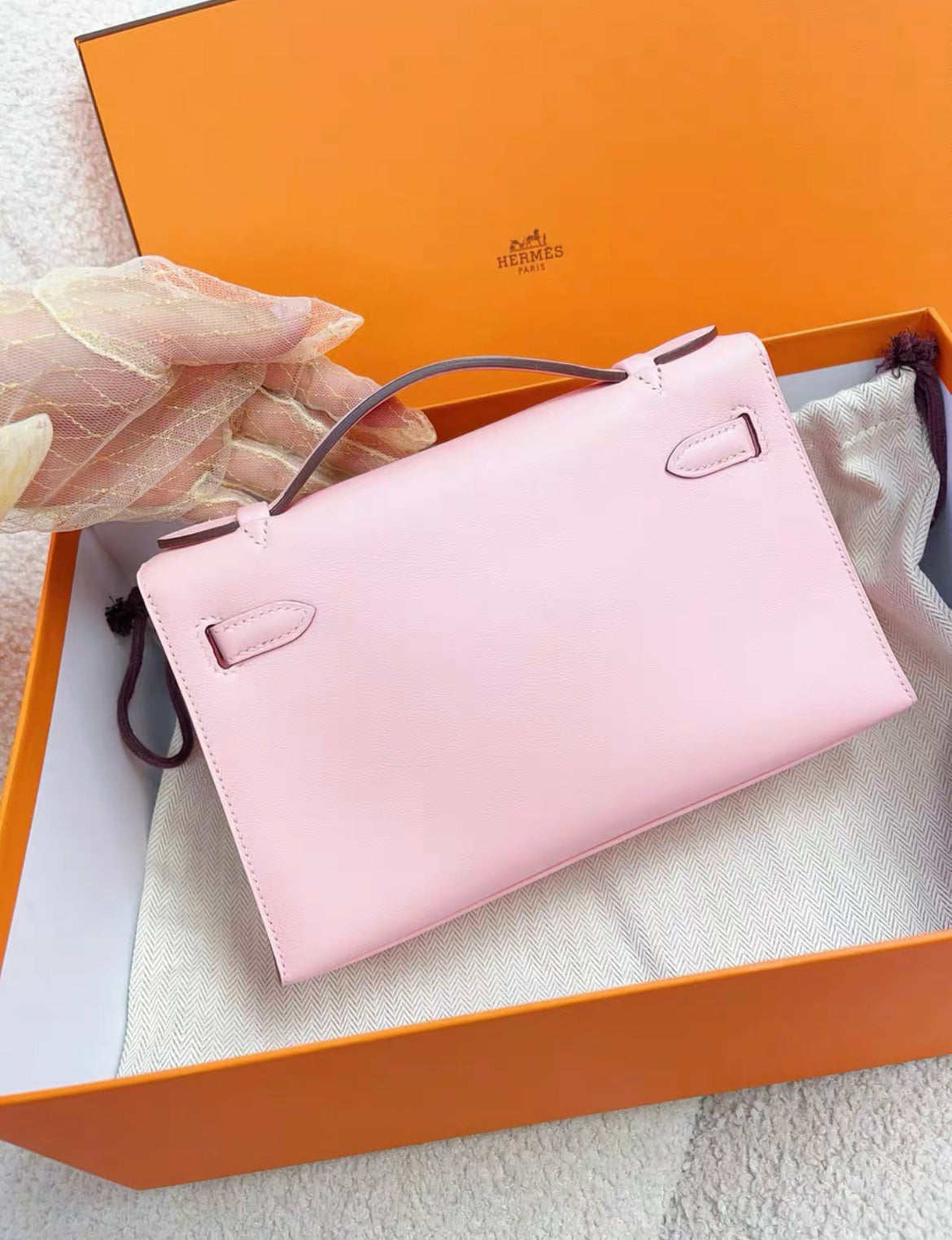 HERMES KELLY POCHETTE ROSE SAKURA SWIFT PALLADIUM HARDWARE