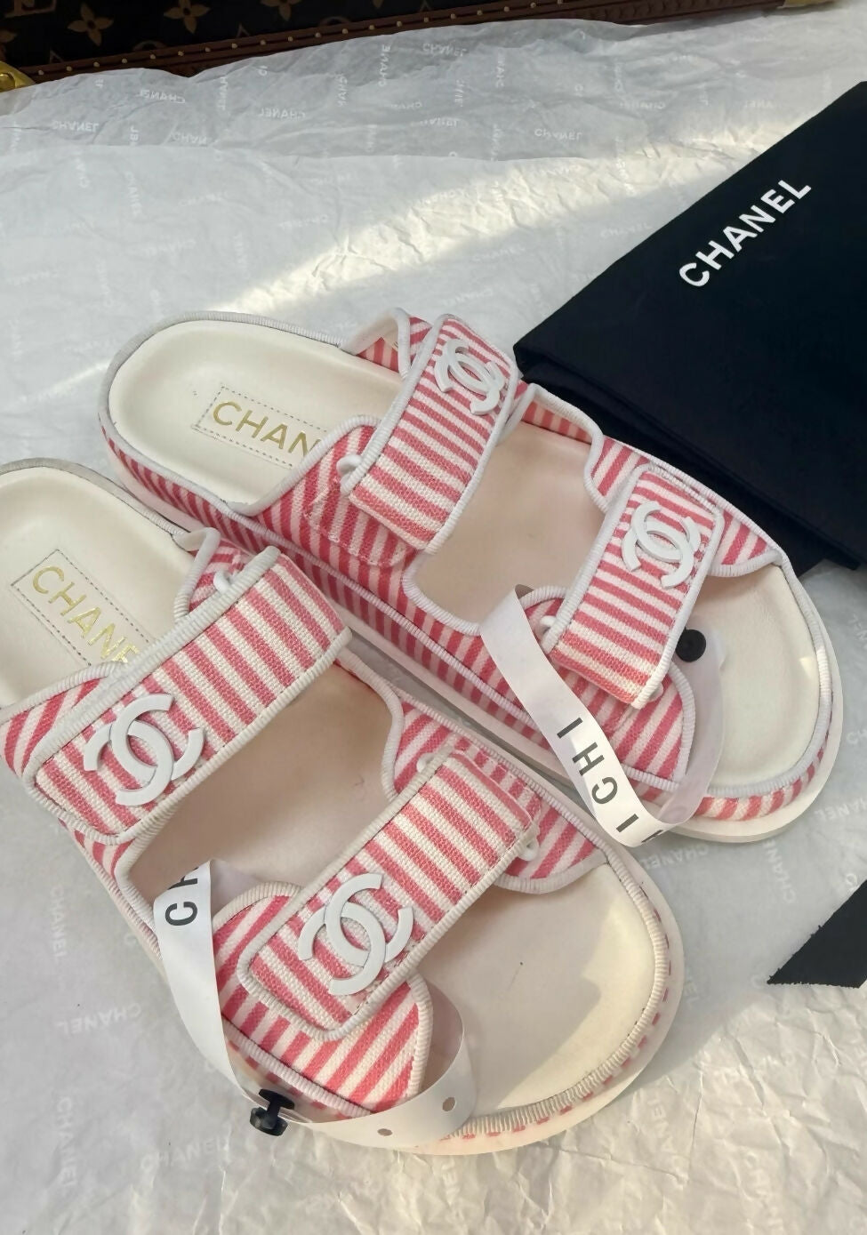 Chanel pink striped sandals