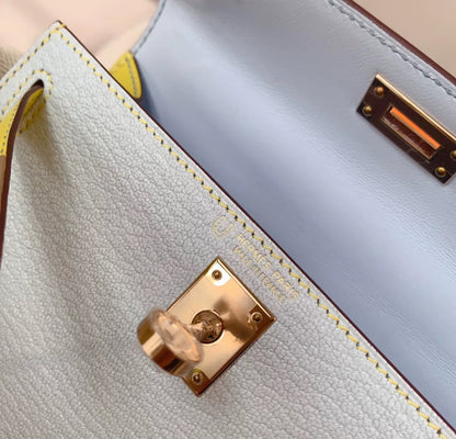 Hermès Mini Kelly Blue & Yellow Goatskin Leather Gold Hardware