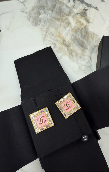 Chanel 24S Large Pink Square Acrylic Rhinestone Earrings