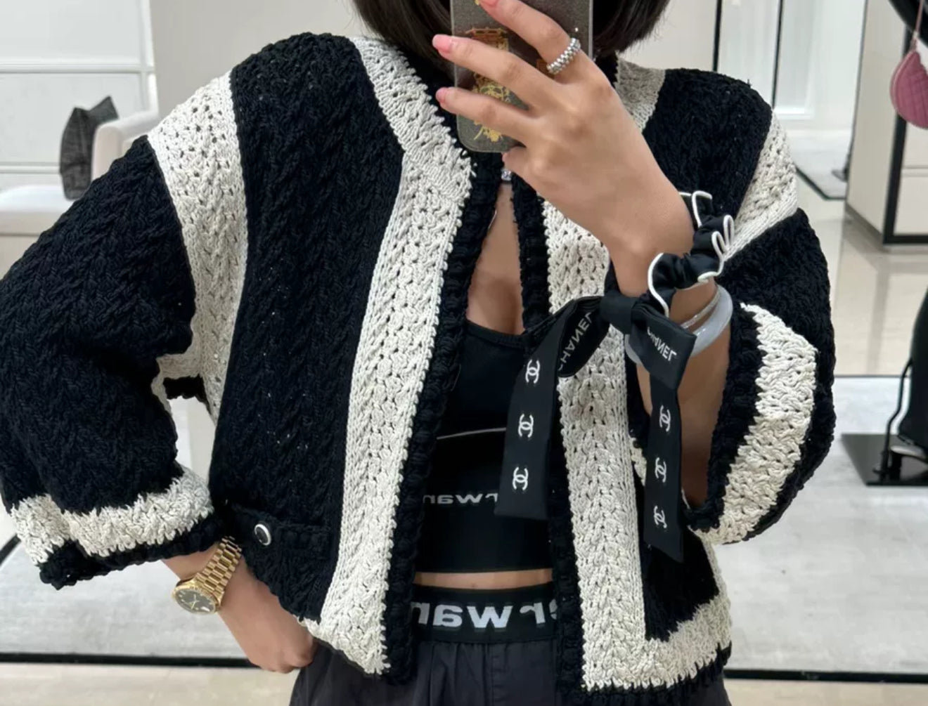 Chanel 22C Black and White Cardigan