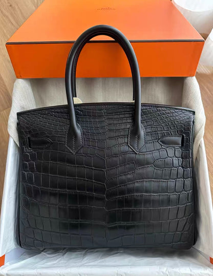 Hermes Birkin 30 Black Matte Crocodile Alligator Palladium Handbag