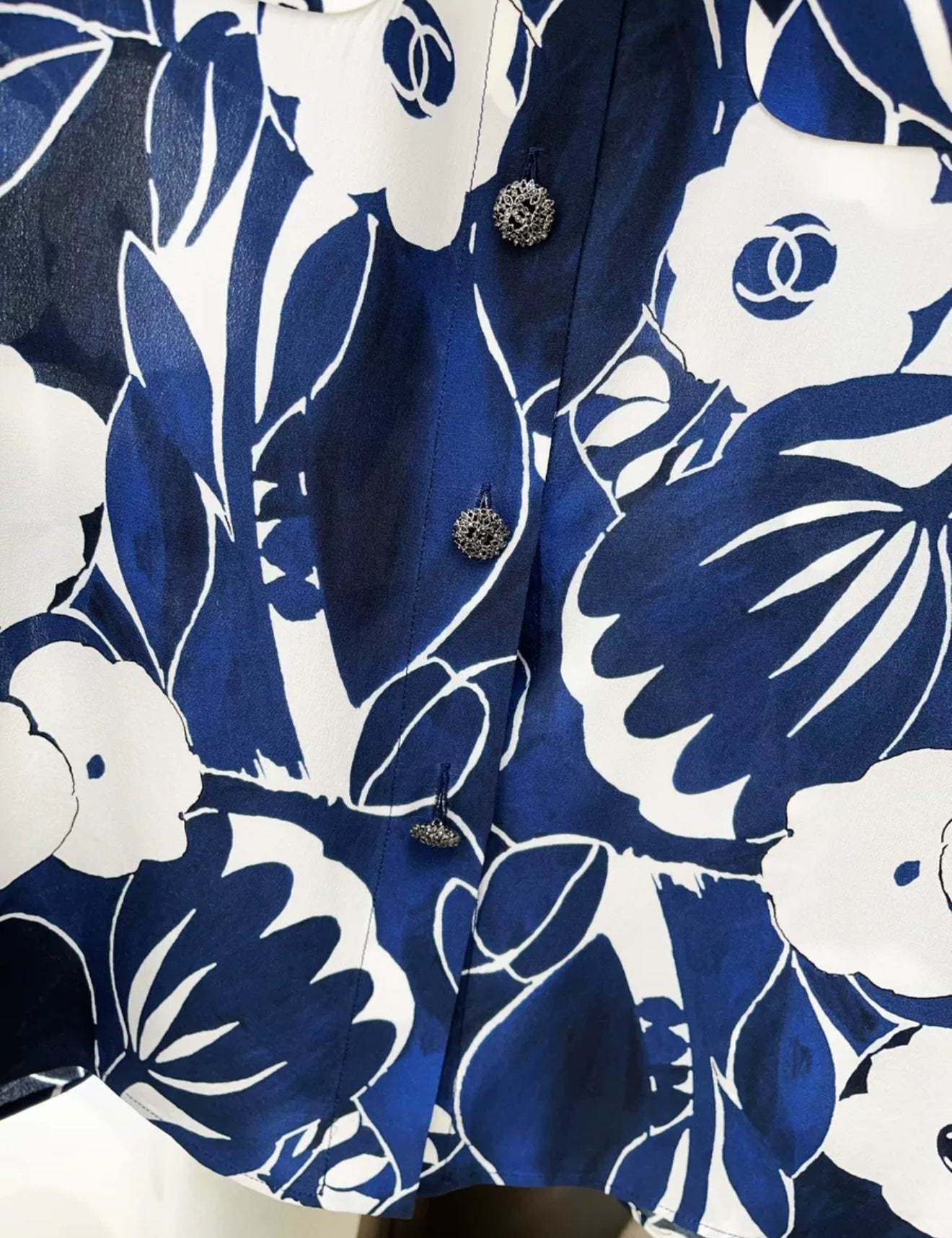 Chanel 22B Blue White Camellia Silk Shirt