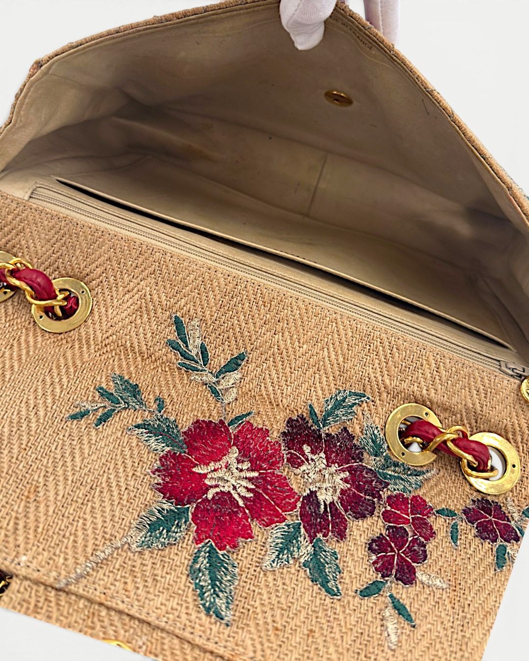 Chanel 1995 Raffia Jumbo flap bag with Red/Green/Gold embroidery and gold hardware red leather chain