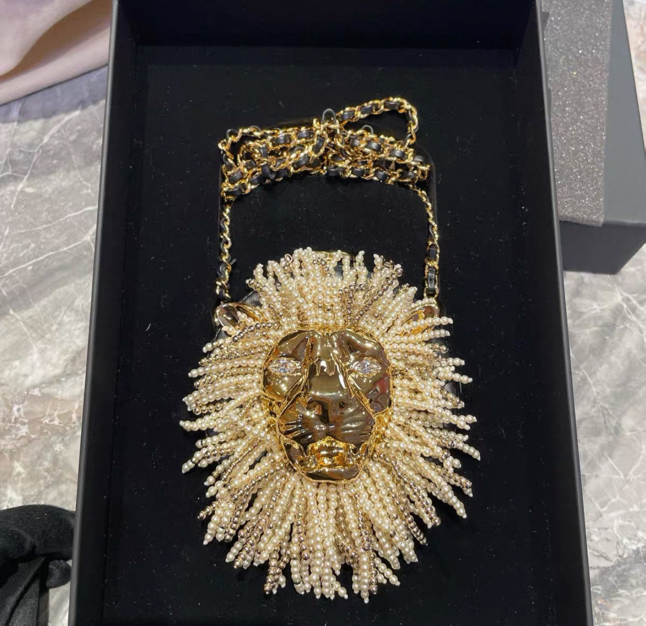 CHANEL 23A LION HEAD PEARL & LEATHER EVENING BAG