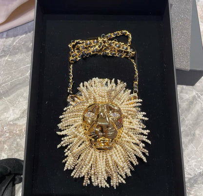 CHANEL 23A LION HEAD PEARL & LEATHER EVENING BAG