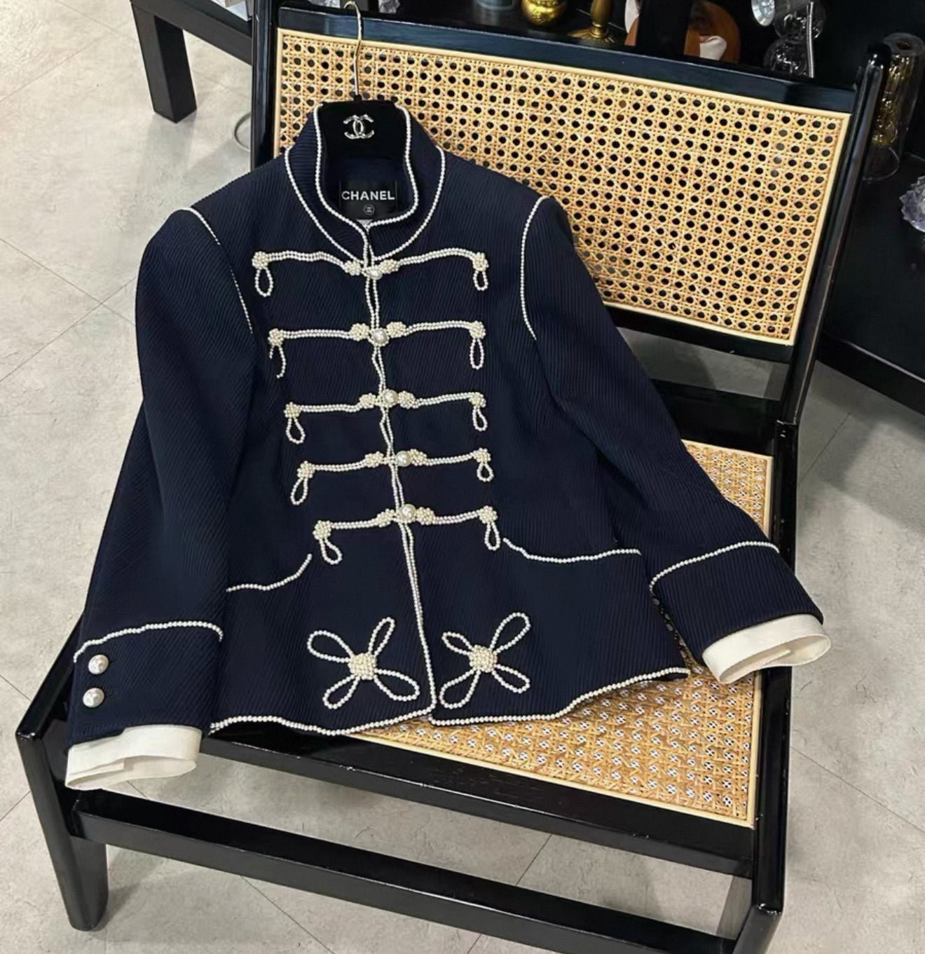 Chanel 09P Pearl Button Navy Blue Military Jacket FR42