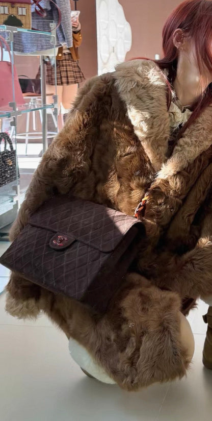 Chanel Maxi Fla Bag in brown suede leather with tortoise hardware