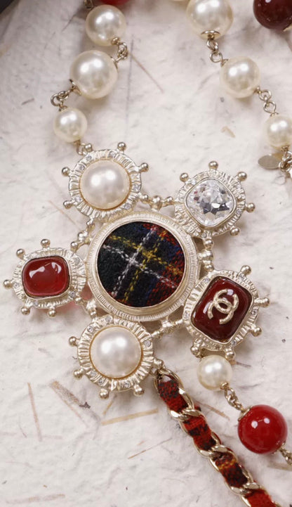 Chanel 2013 Edinburgh Collection Runway Style Red Glass Pearl and Tweed Long Necklace
