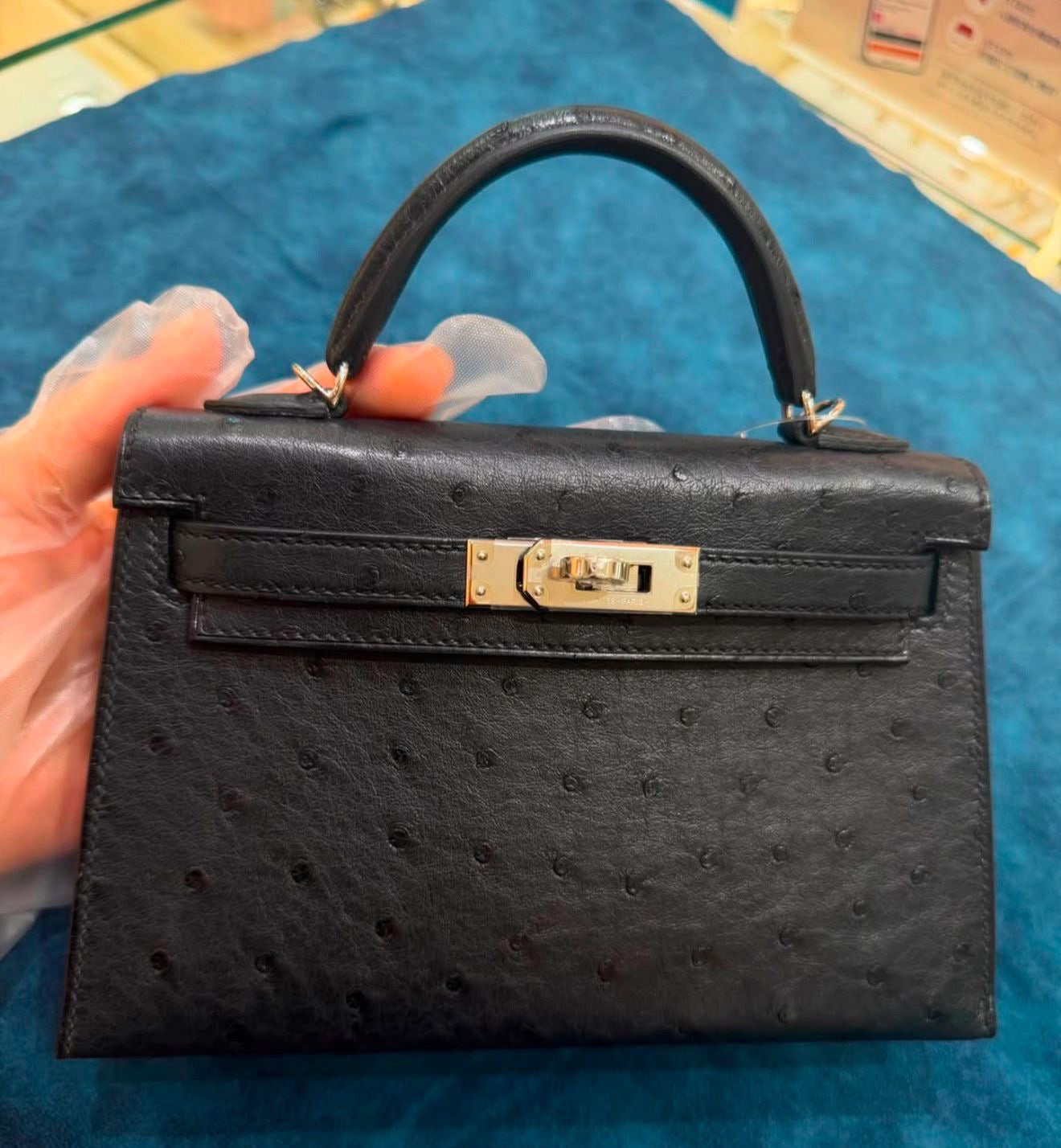 Hermes Mini Kelly 20 Black Ostrich leather Palladium hardware