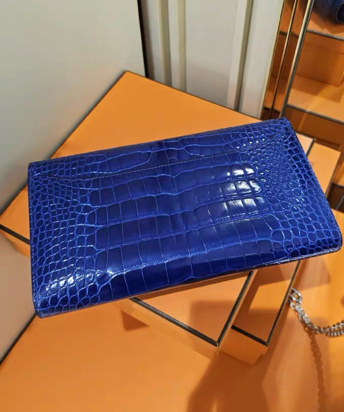 Hermes Constance Shiny Blue Wallet Alligator Long Palladium