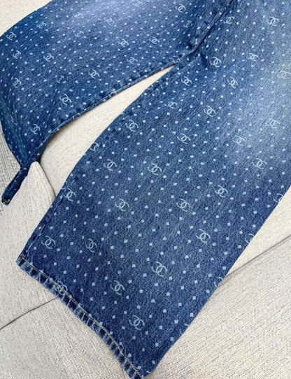 Chanel 23p popular blue polka-dot denim wide-leg pants in size 34