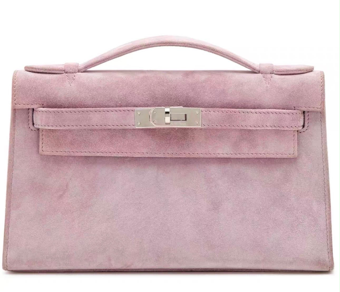Hermes Kelly Pochette pink doblis suede leather palladium hardware