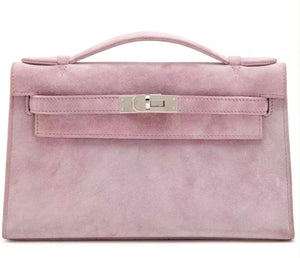 Hermes Kelly Pochette pink doblis suede leather palladium hardware