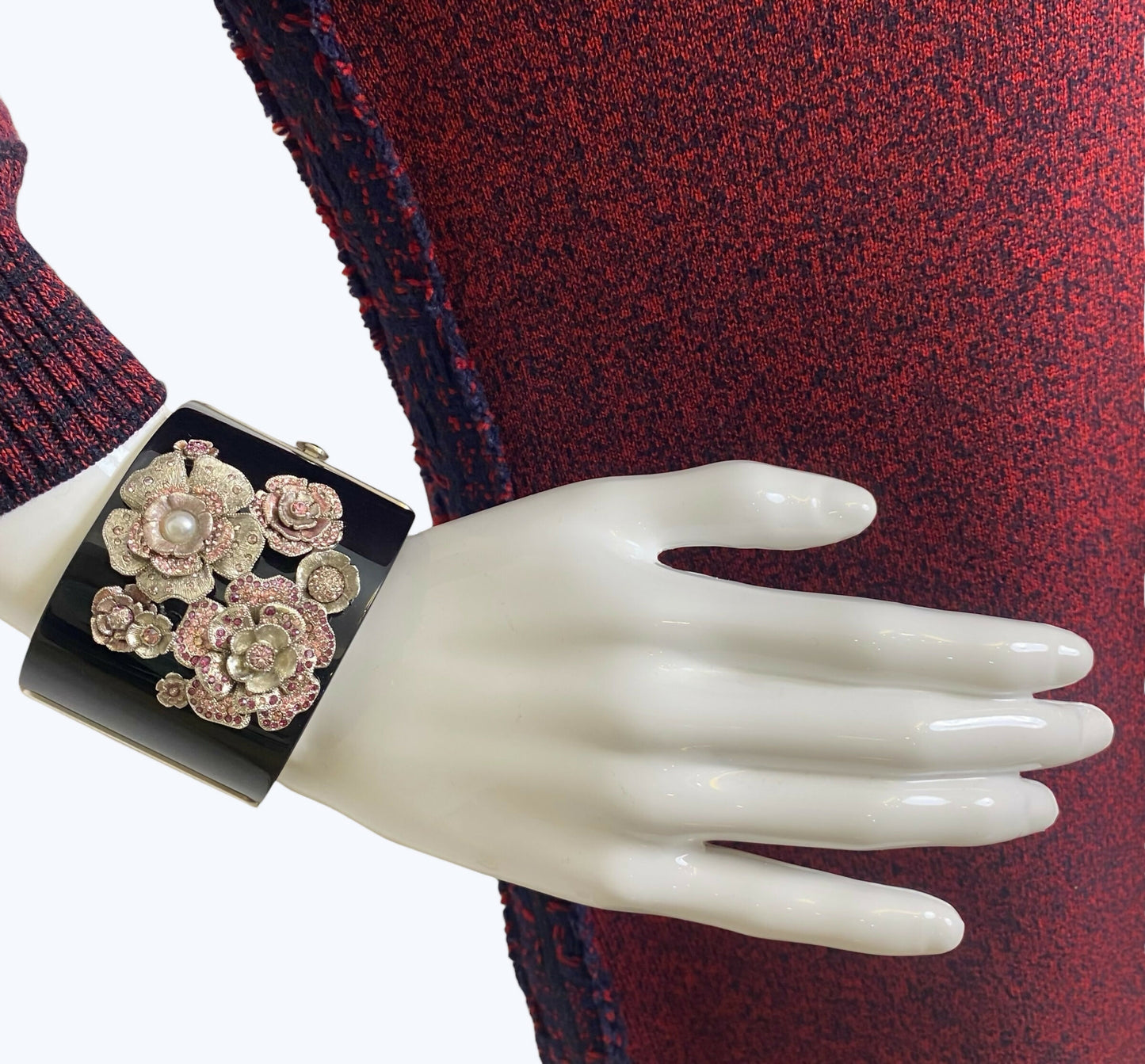 Rare Chanel 12P Black Pink Crystals Camellia Flower Double Sided CC Cuff Bracelet