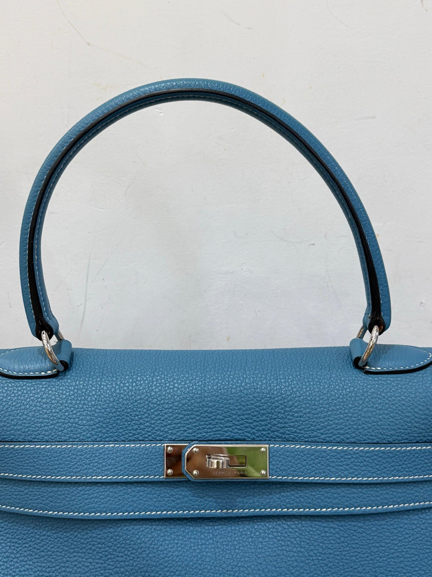 Hermes shoulder Kelly blue denim Togo leather palladium hardware