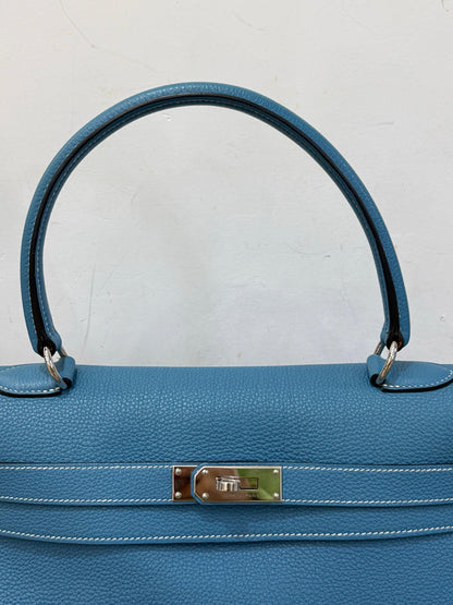 Hermes shoulder Kelly blue denim Togo leather palladium hardware